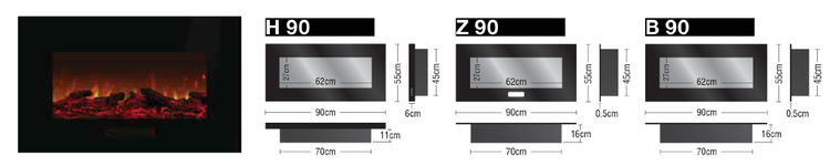 ابعاد شومینه برقی، در 3 حالت
